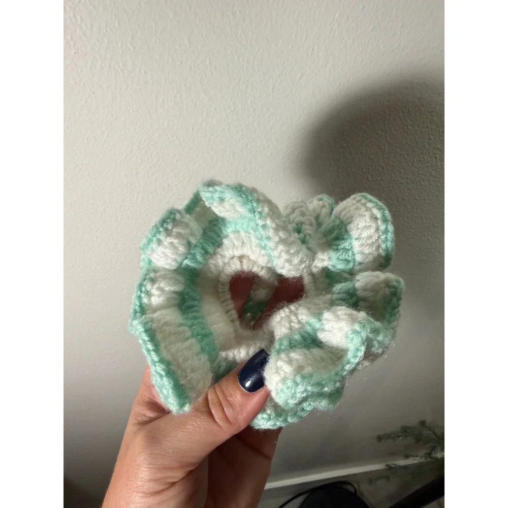 kitsch Crochet Ruffle Scrunchie Mint Green Cream Striped Oversized Hair Tie
